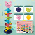Rolling ball pile tower puzzle with spin tracks and rattles in plastic colour box 31.5x7x24cm