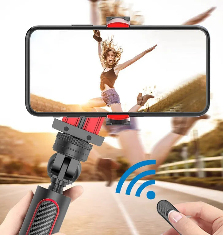 Black aluminium alloy iPhone tripod monopod extended to full height with phone clamp attached