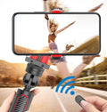 Black aluminium alloy iPhone tripod monopod extended to full height with phone clamp attached