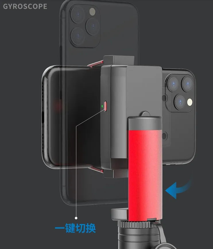 Black aluminium alloy iPhone tripod monopod extended to full height with phone clamp attached