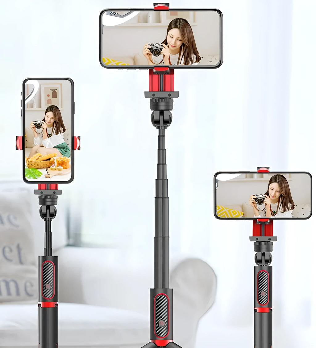 Black aluminium alloy iPhone tripod monopod extended to full height with phone clamp attached