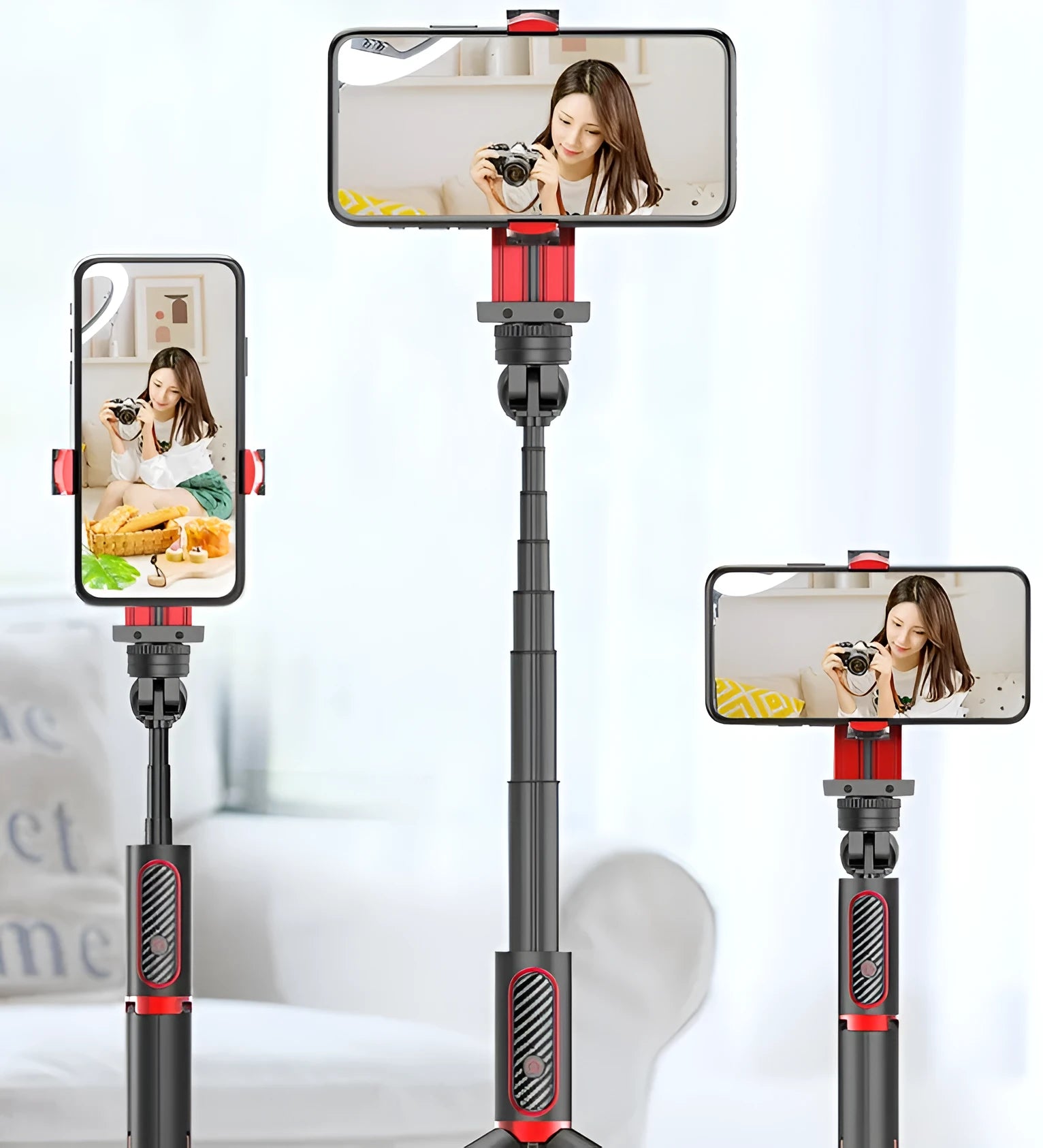 Black aluminium alloy iPhone tripod monopod extended to full height with phone clamp attached
