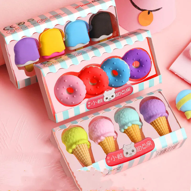 Pack of 12 cartoon erasers in ice cream, lollipop and donut shapes for kindergarten students
