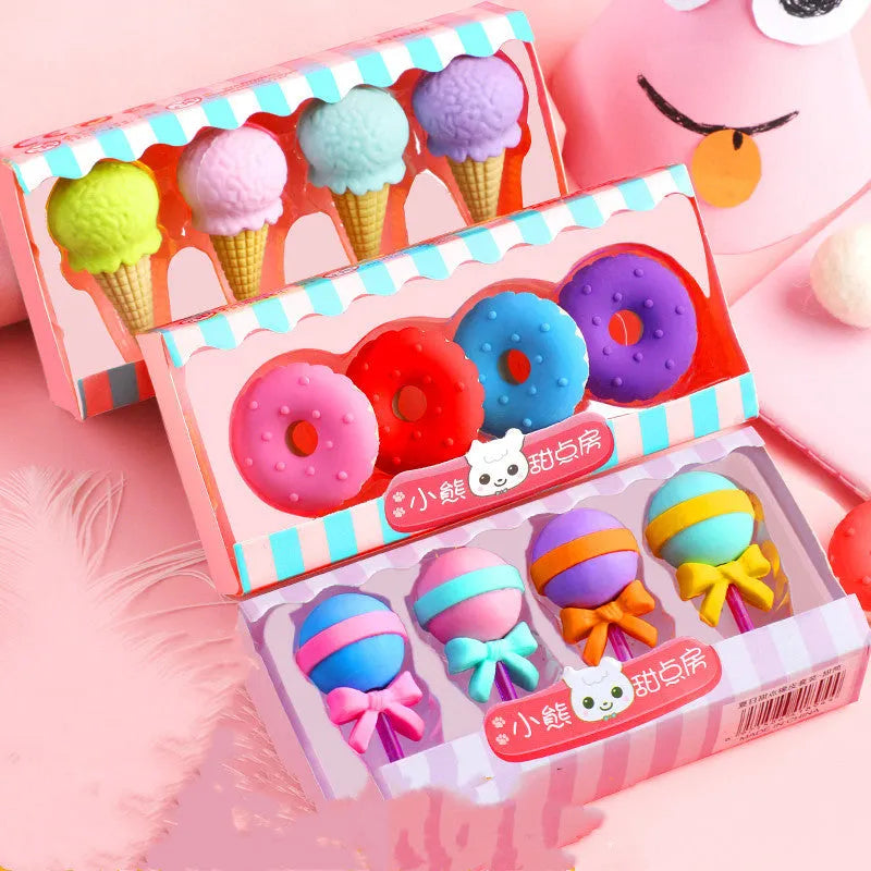 Pack of 12 cartoon erasers in ice cream, lollipop and donut shapes for kindergarten students