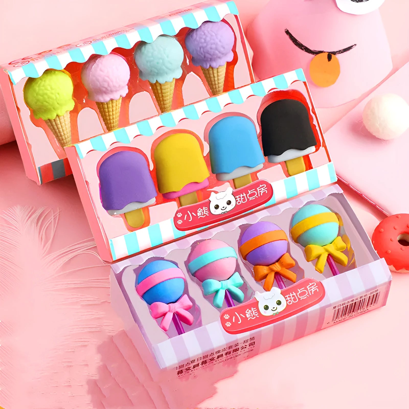 Pack of 12 cartoon erasers in ice cream, lollipop and donut shapes for kindergarten students