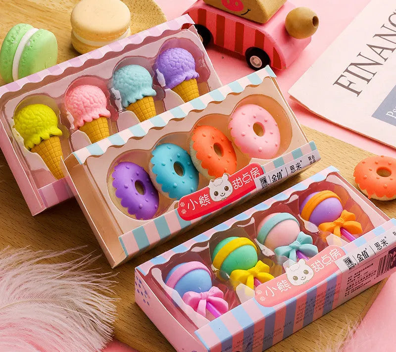 Pack of 12 cartoon erasers in ice cream, lollipop and donut shapes for kindergarten students