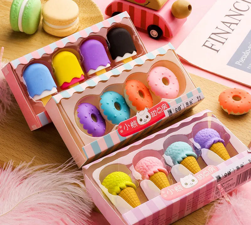 Pack of 12 cartoon erasers in ice cream, lollipop and donut shapes for kindergarten students