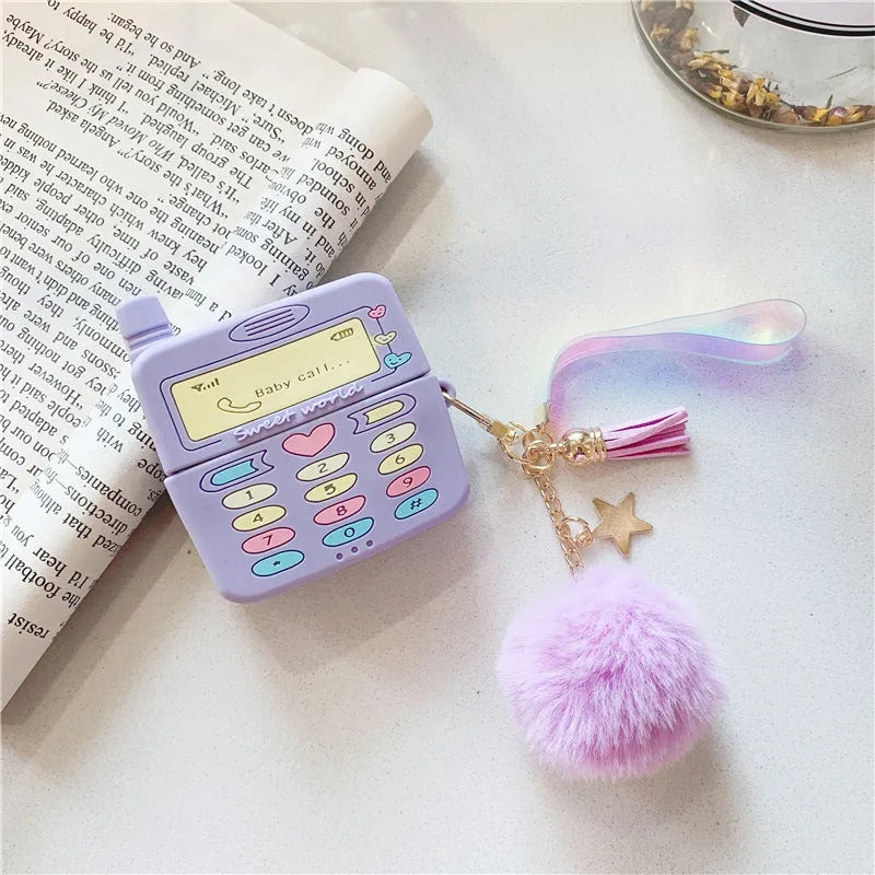 Purple silicone case for Apple AirPods with fur ball pendant