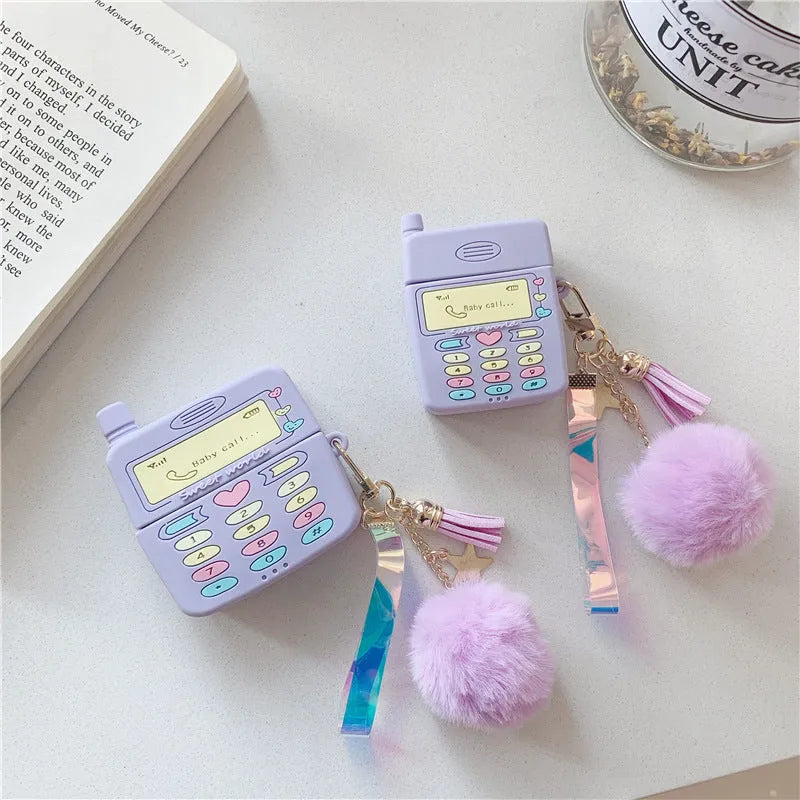 Purple silicone case for Apple AirPods with fur ball pendant