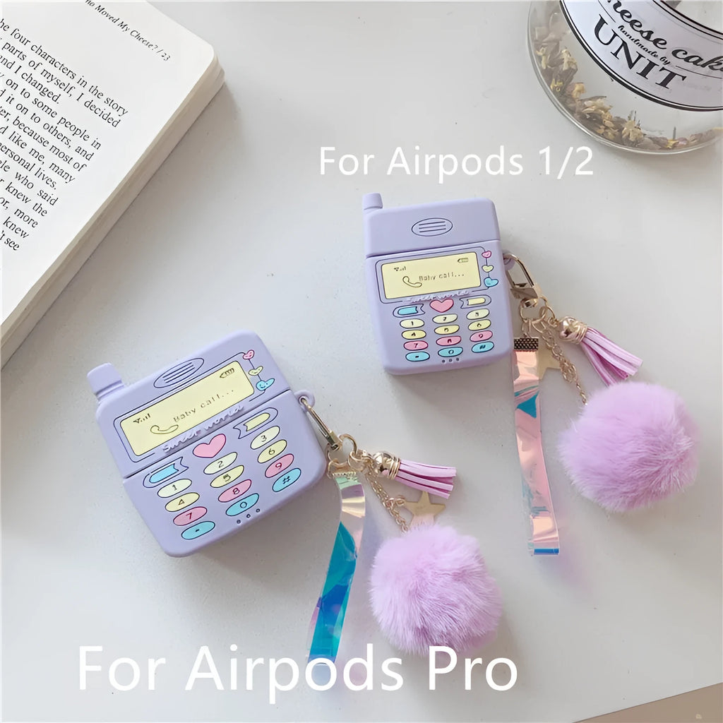 Purple silicone case for Apple AirPods with fur ball pendant