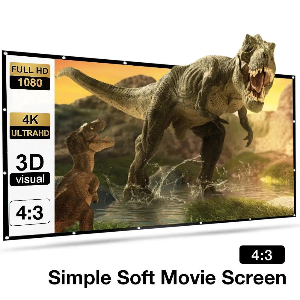 White 150-inch portable polyester projection screen folded for storage next to a projector.