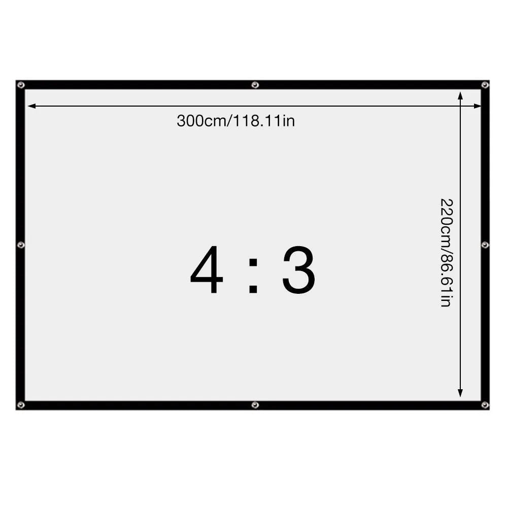 White 150-inch portable polyester projection screen folded for storage next to a projector.