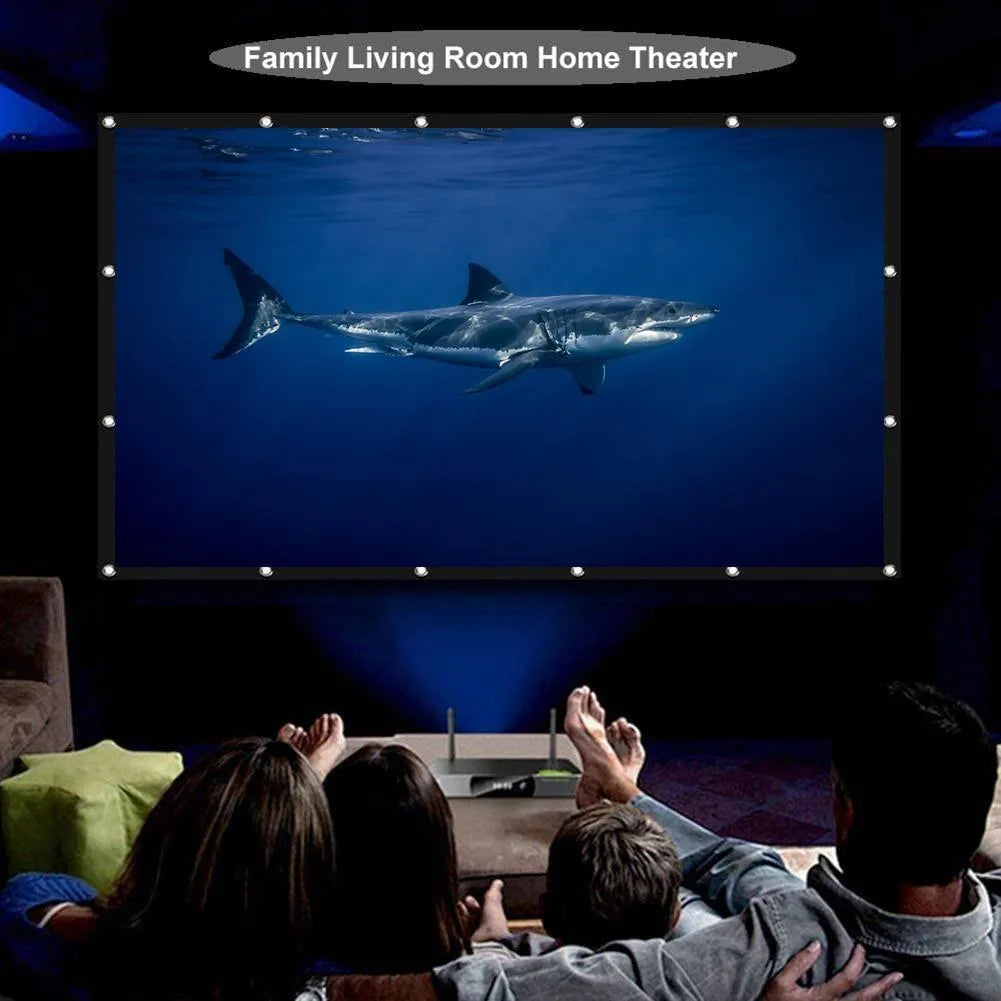 White 150-inch portable polyester projection screen folded for storage next to a projector.