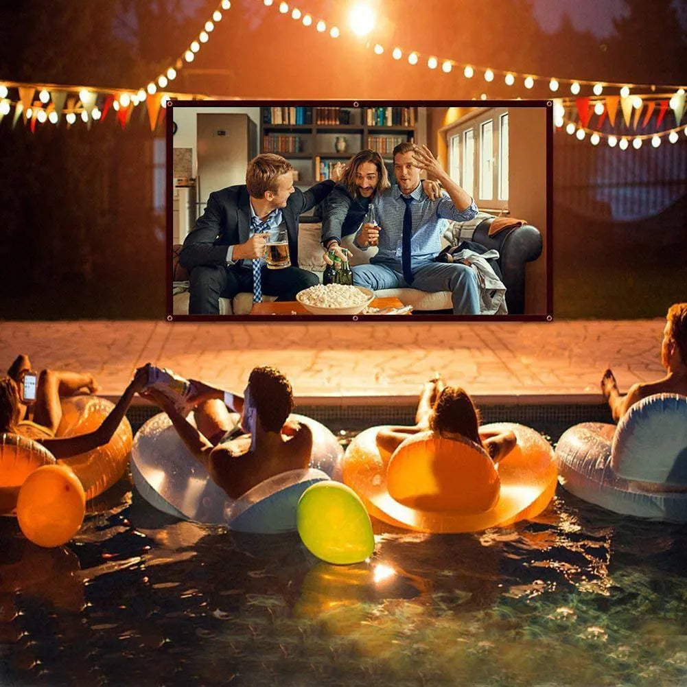 White 150-inch portable polyester projection screen folded for storage next to a projector.