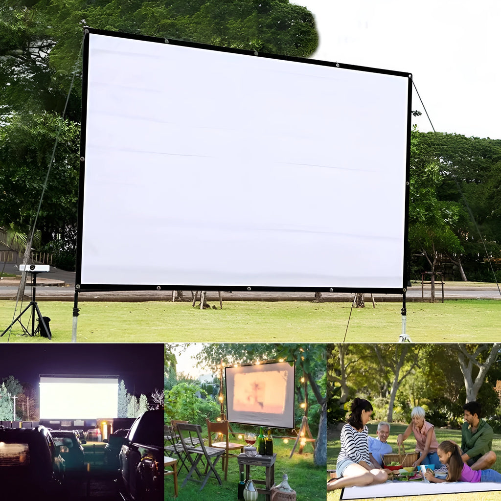 White 150-inch portable polyester projection screen folded for storage next to a projector.