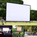 White 150-inch portable polyester projection screen folded for storage next to a projector.