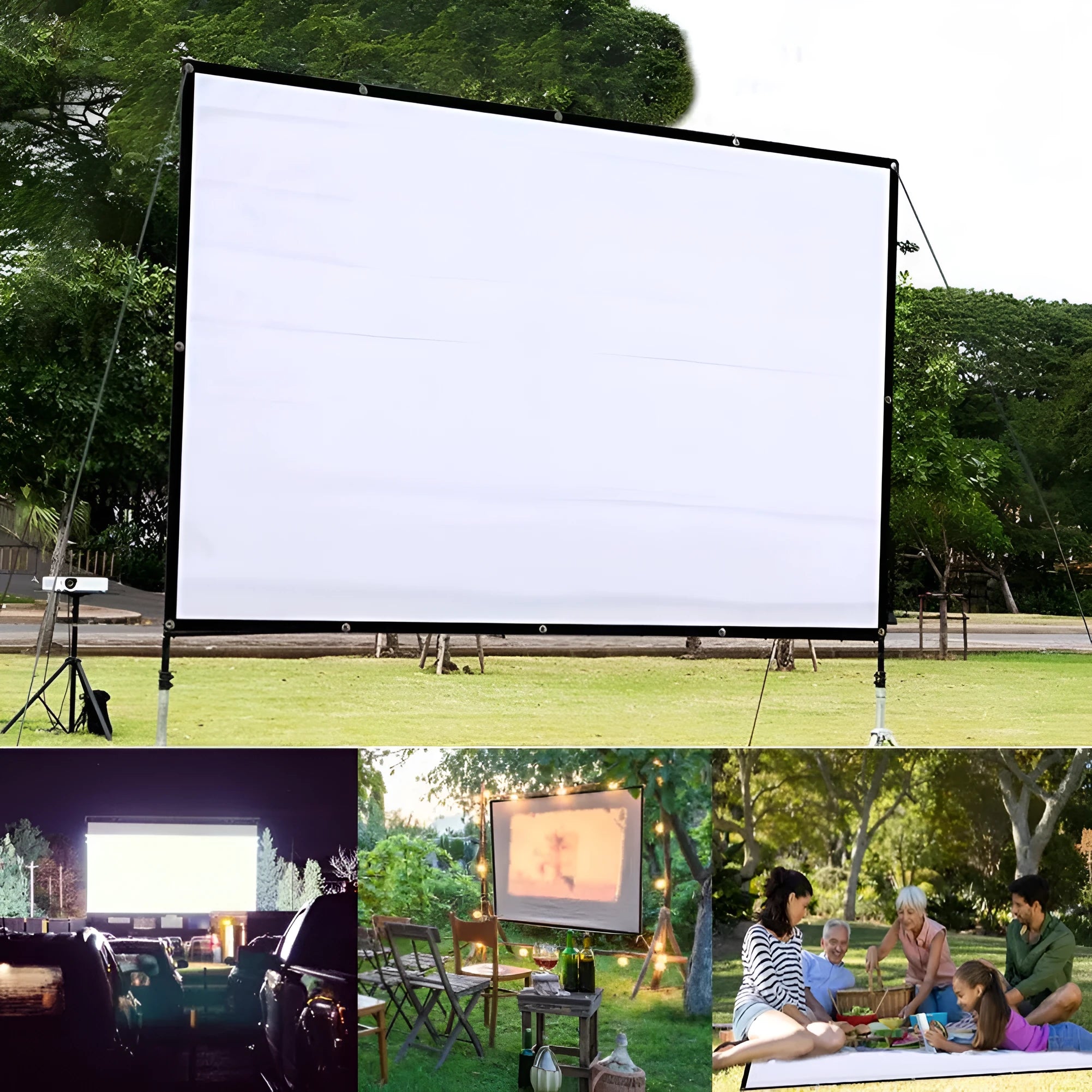 White 150-inch portable polyester projection screen folded for storage next to a projector.