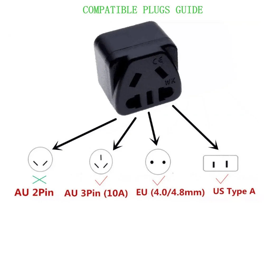 Square white international power adapter with three plug connections and five output ports