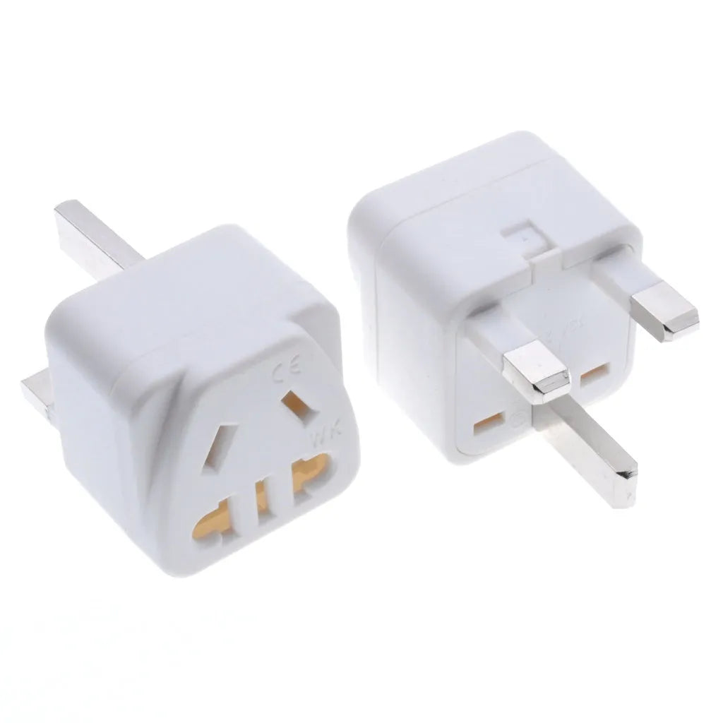 Square white international power adapter with three plug connections and five output ports
