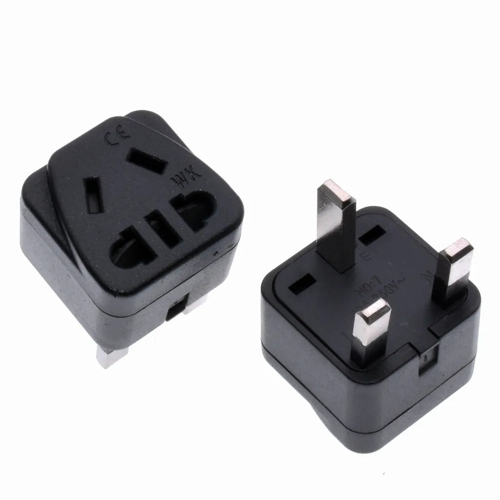 Square white international power adapter with three plug connections and five output ports