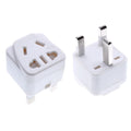 Square white international power adapter with three plug connections and five output ports