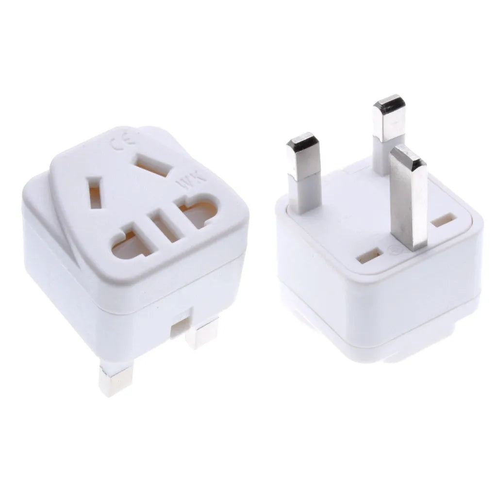 Square white international power adapter with three plug connections and five output ports