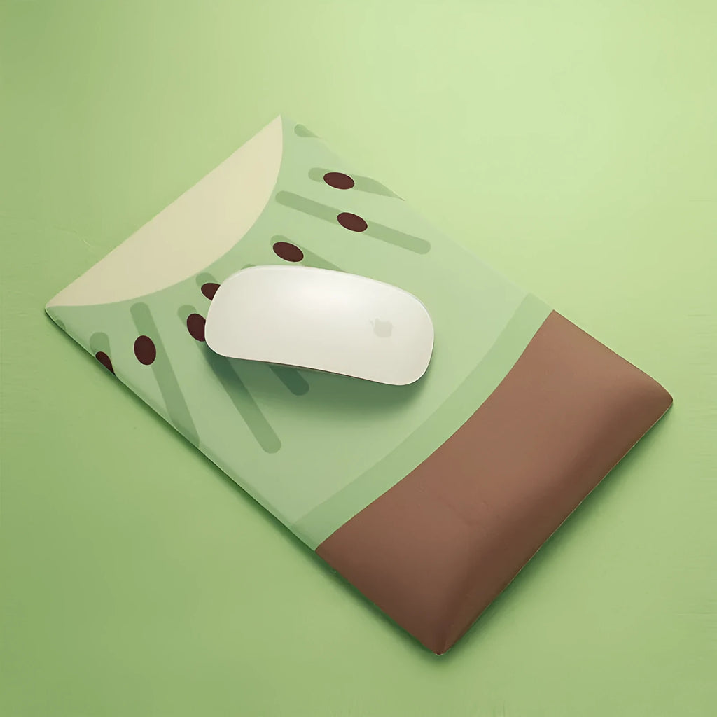 Green kiwi fruit themed mouse pad with built-in wrist support pillow and printed calculator design.