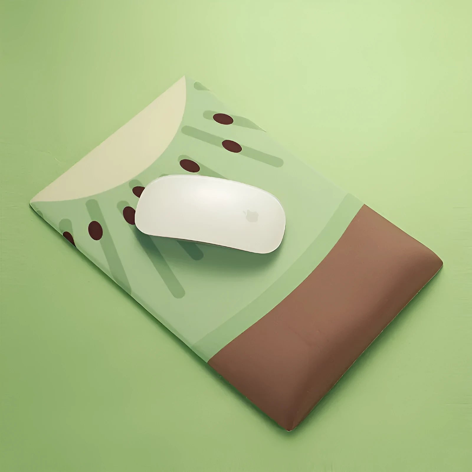 Green kiwi fruit themed mouse pad with built-in wrist support pillow and printed calculator design.