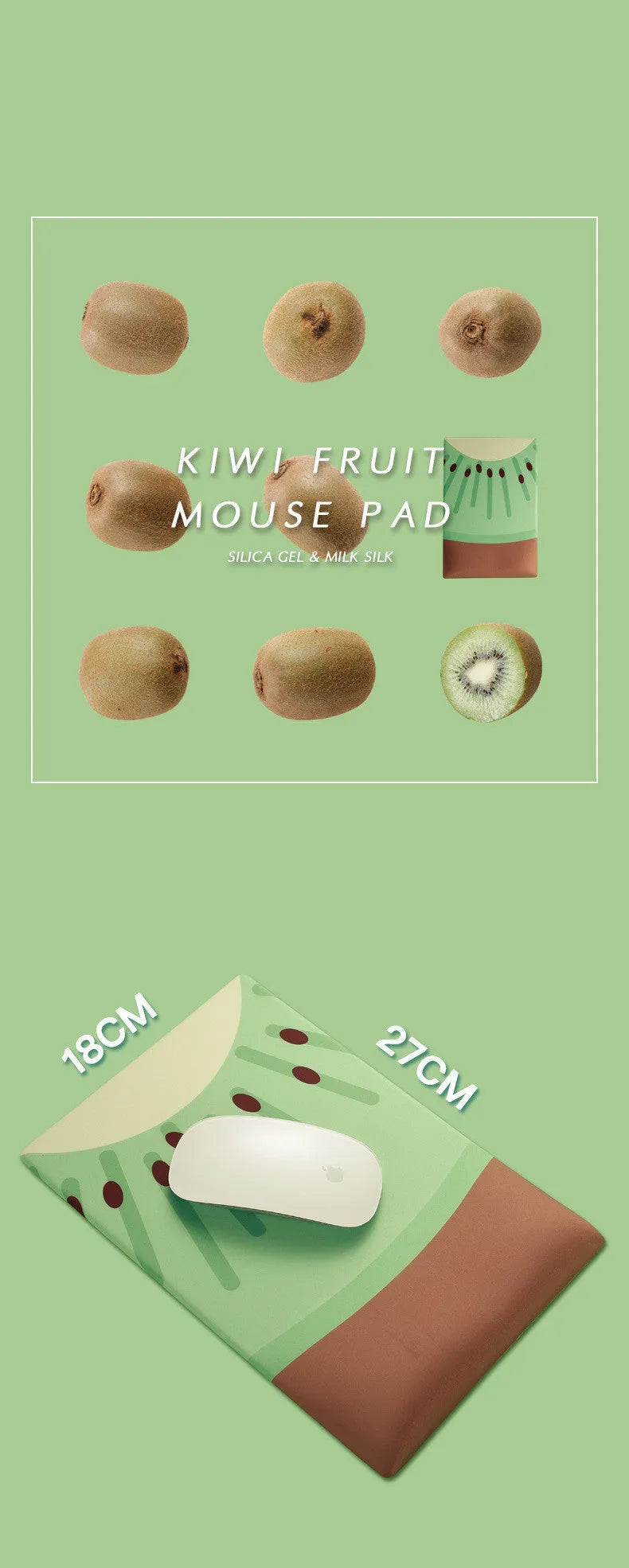Green kiwi fruit themed mouse pad with built-in wrist support pillow and printed calculator design.