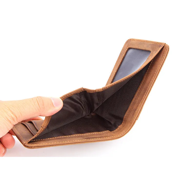 Brown RFID-protected men's leather wallet with card slots open