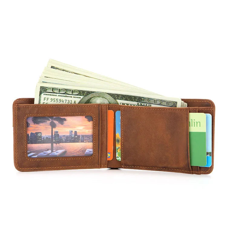 Brown RFID-protected men's leather wallet with card slots open