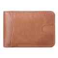 Brown RFID-protected men's leather wallet with card slots open