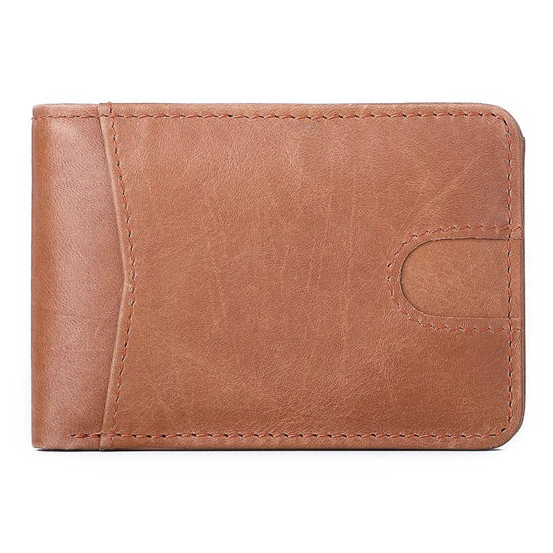 Brown RFID-protected men's leather wallet with card slots open