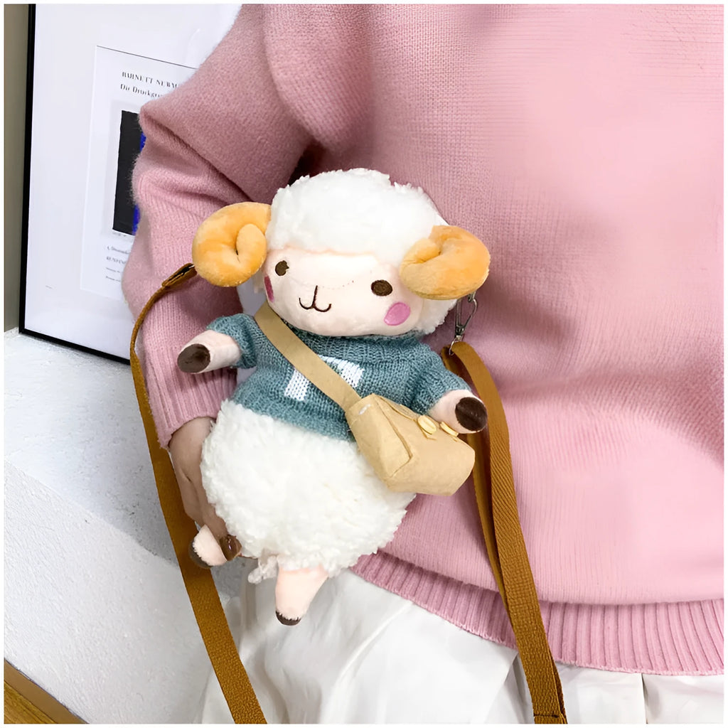 Blue plush women's crossbody bag with lamb pattern and colour contrast accents