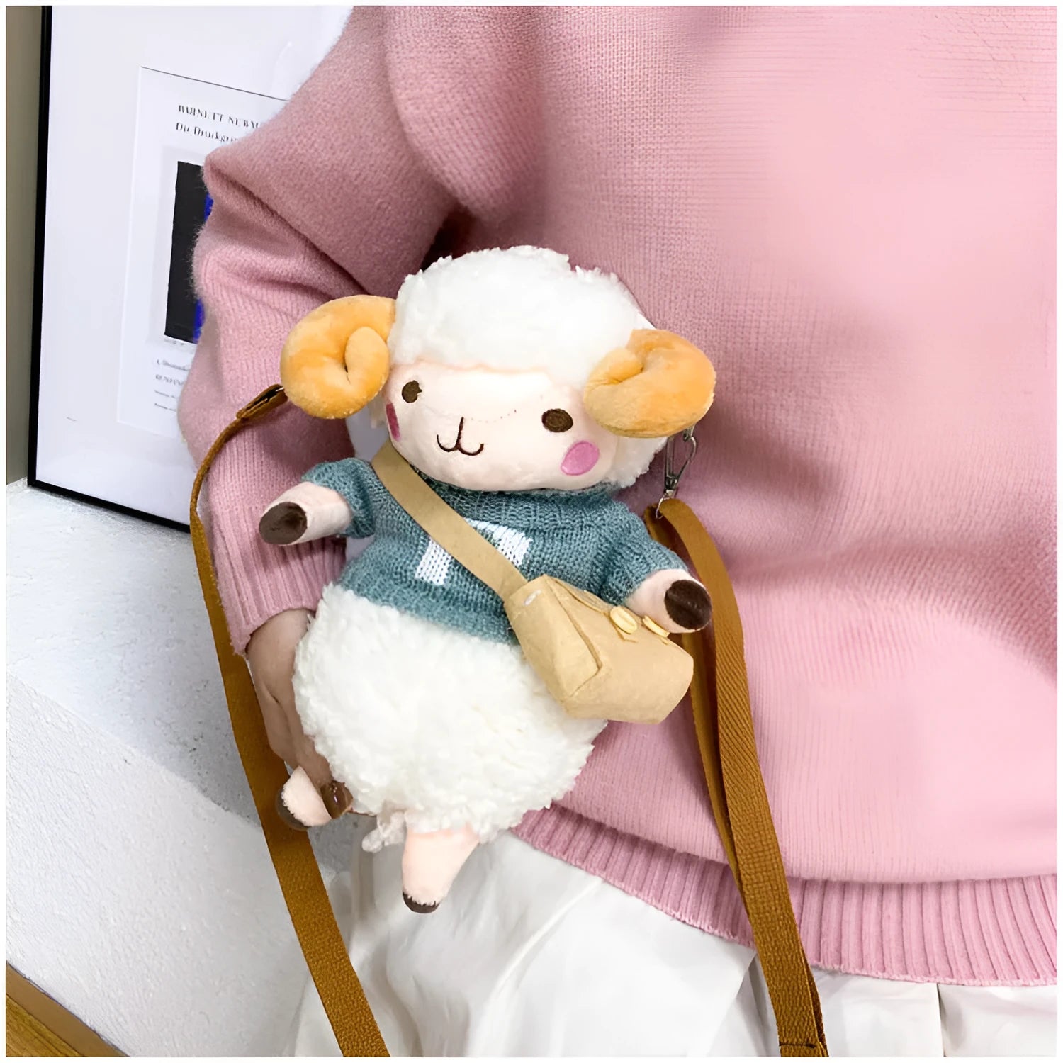 Blue plush women's crossbody bag with lamb pattern and colour contrast accents