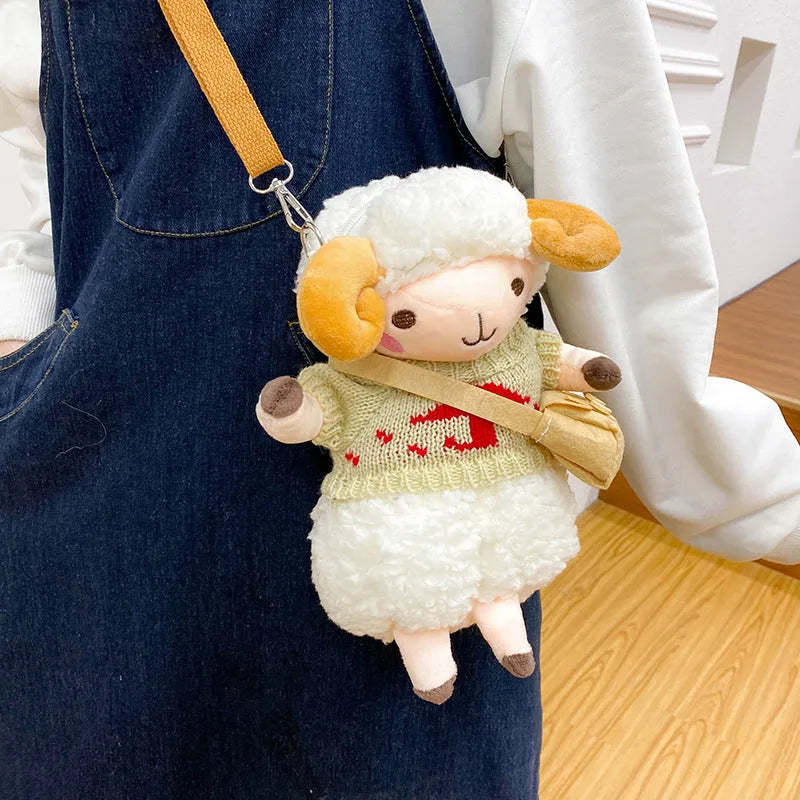 Blue plush women's crossbody bag with lamb pattern and colour contrast accents
