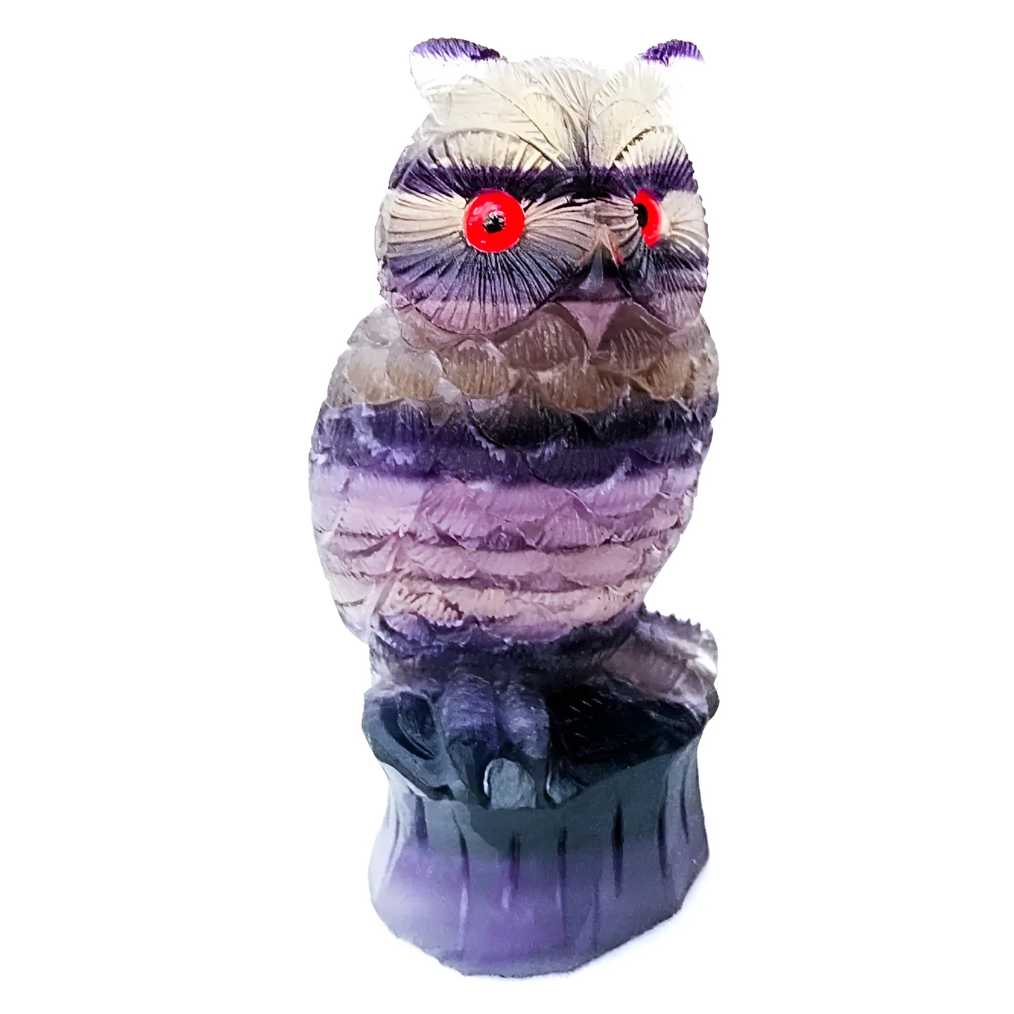 Hand carved purple fluorite owl ornament approximately 4 inches tall with natural stone texture