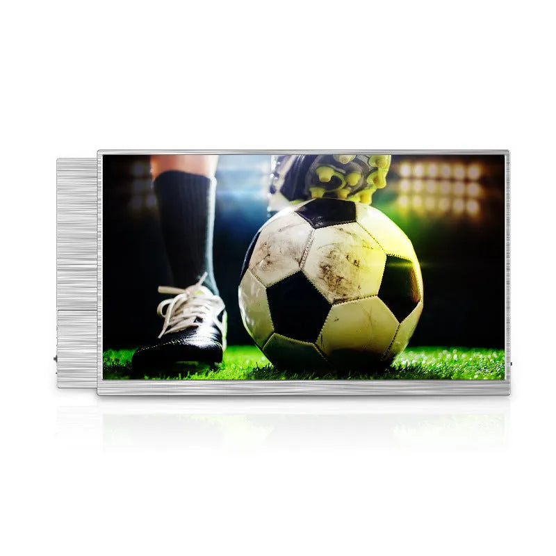 15-inch ultra-thin portable external monitor showing a split-screen display on a desk.