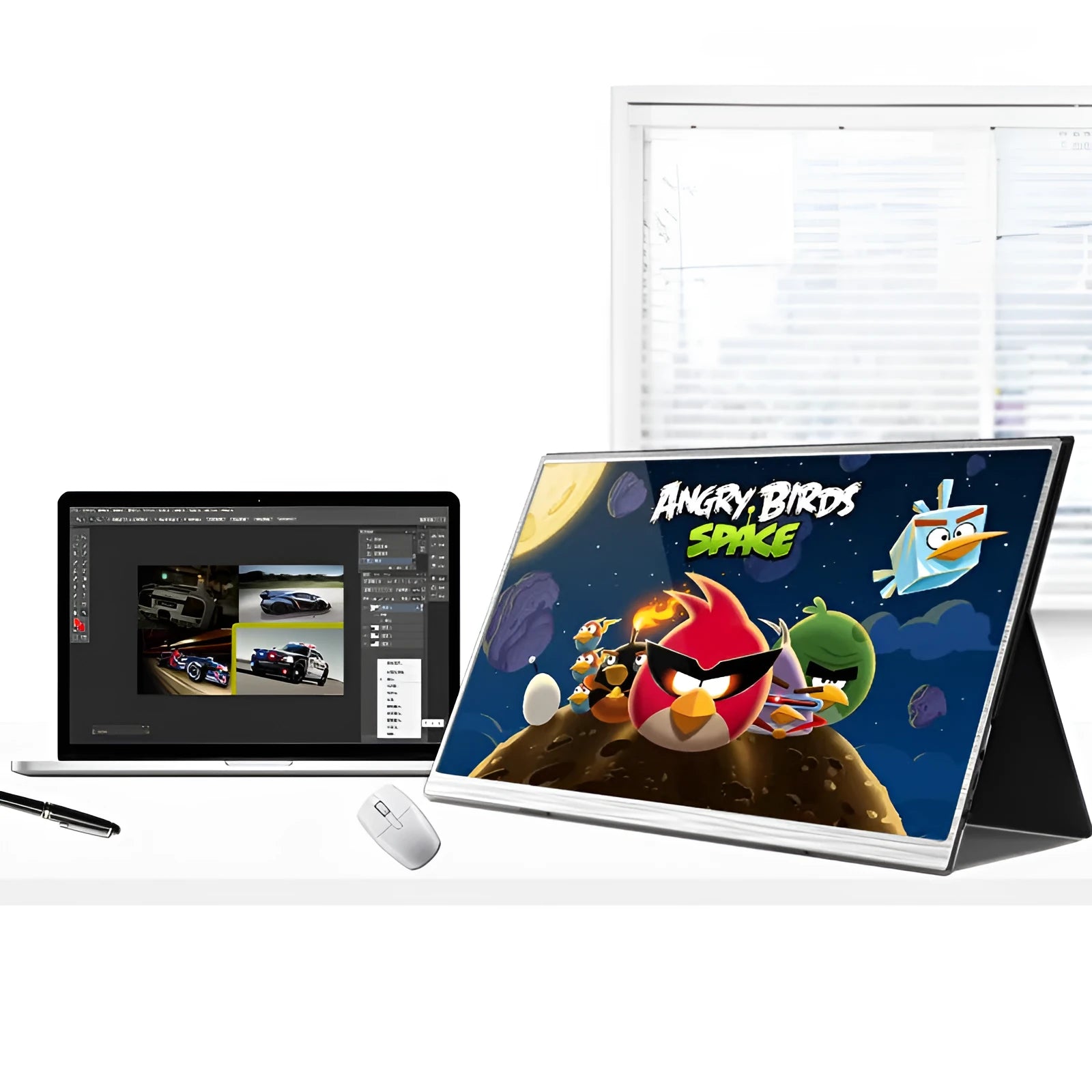 15-inch ultra-thin portable external monitor showing a split-screen display on a desk.