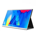 15-inch ultra-thin portable external monitor showing a split-screen display on a desk.