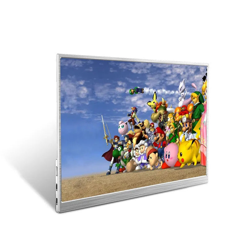 15-inch ultra-thin portable external monitor showing a split-screen display on a desk.