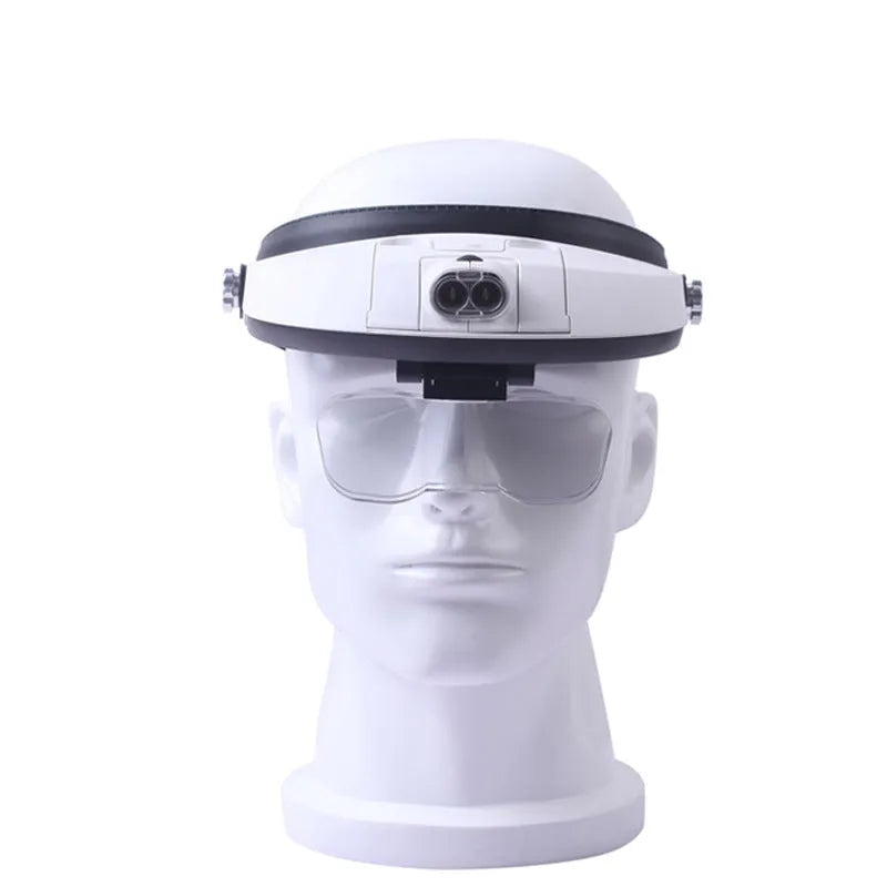Headband magnifier with multiple interchangeable lenses and LED lights on adjustable ABS frame