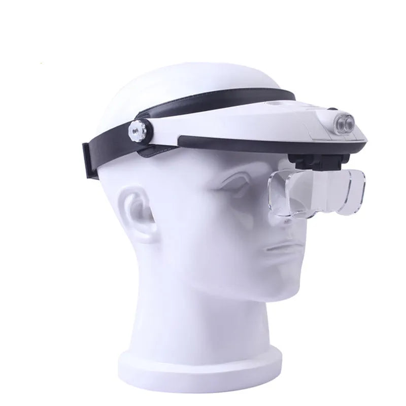 Headband magnifier with multiple interchangeable lenses and LED lights on adjustable ABS frame