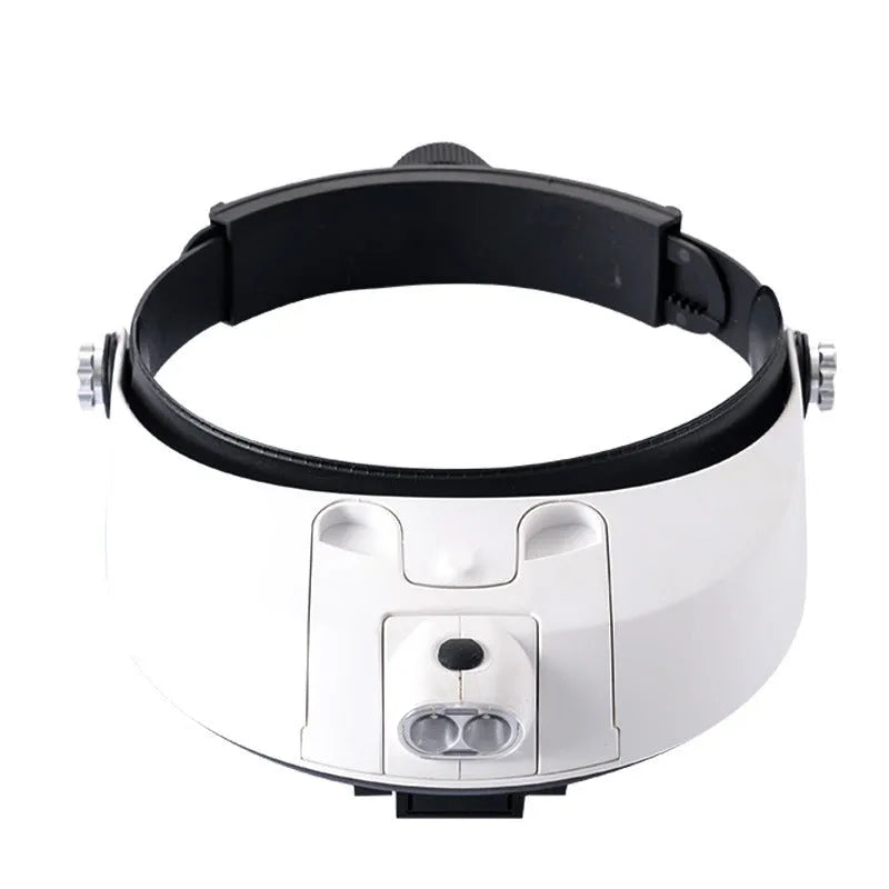 Headband magnifier with multiple interchangeable lenses and LED lights on adjustable ABS frame