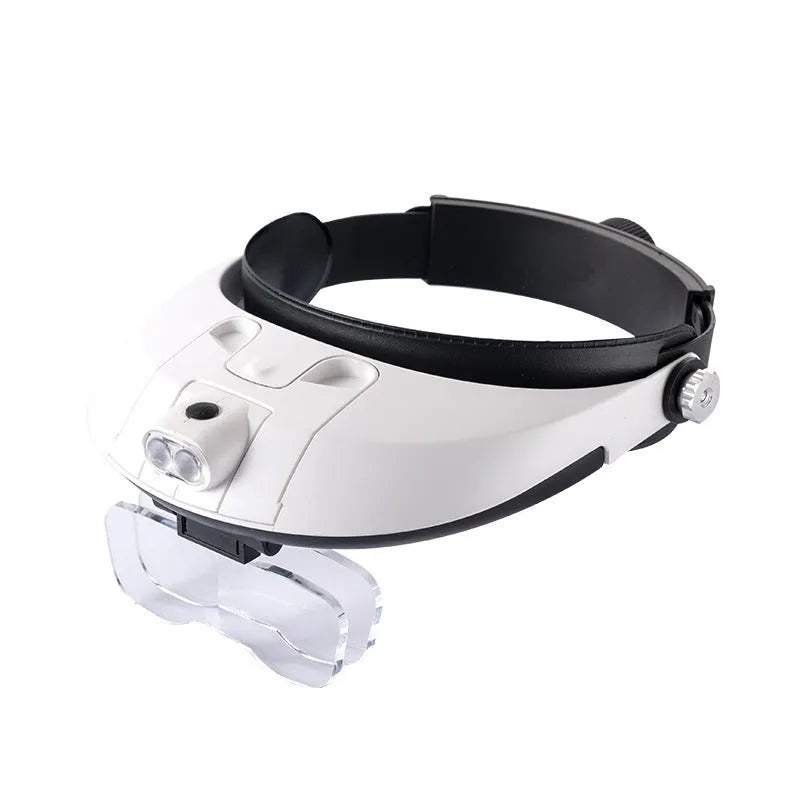 Headband magnifier with multiple interchangeable lenses and LED lights on adjustable ABS frame