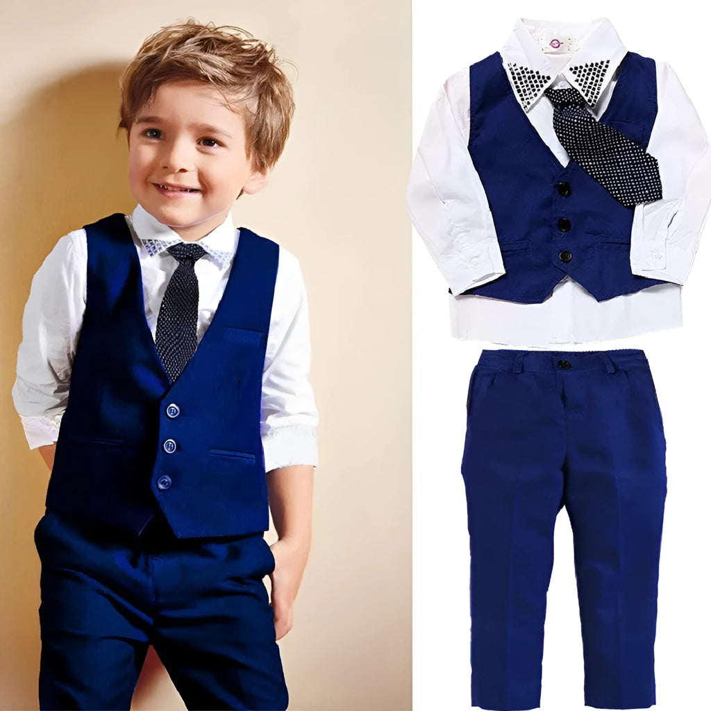 Blue boys' three-piece suit set with vest, tie, and trousers on a hanger.