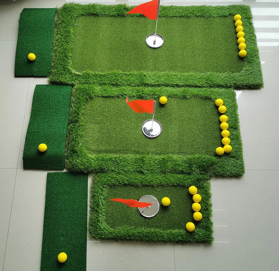 Green golf training mat with PP grass surface on a high elastic EVA base, shown in a customisable size.