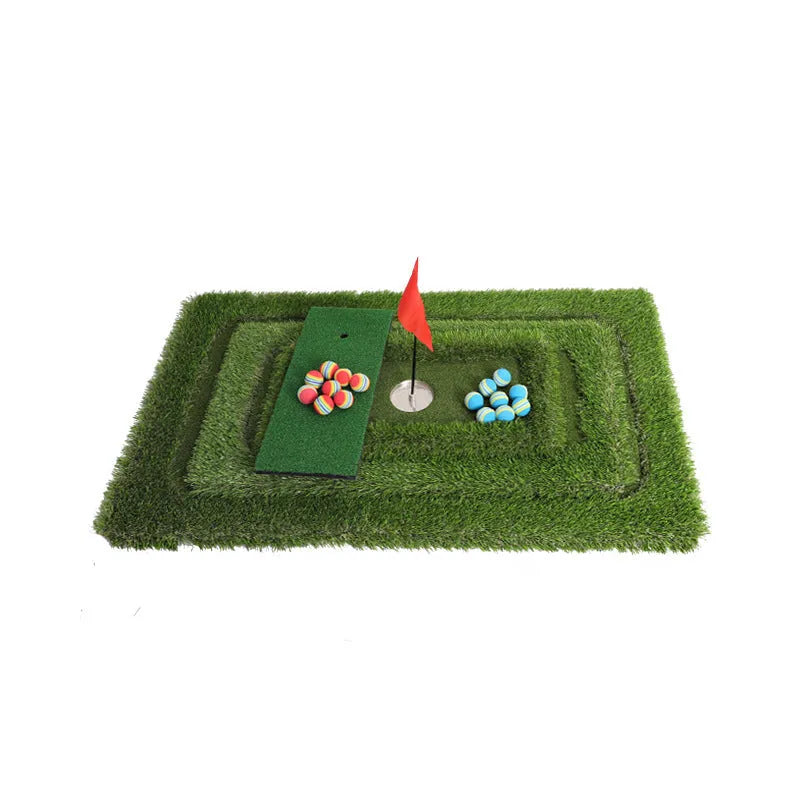 Green golf training mat with PP grass surface on a high elastic EVA base, shown in a customisable size.