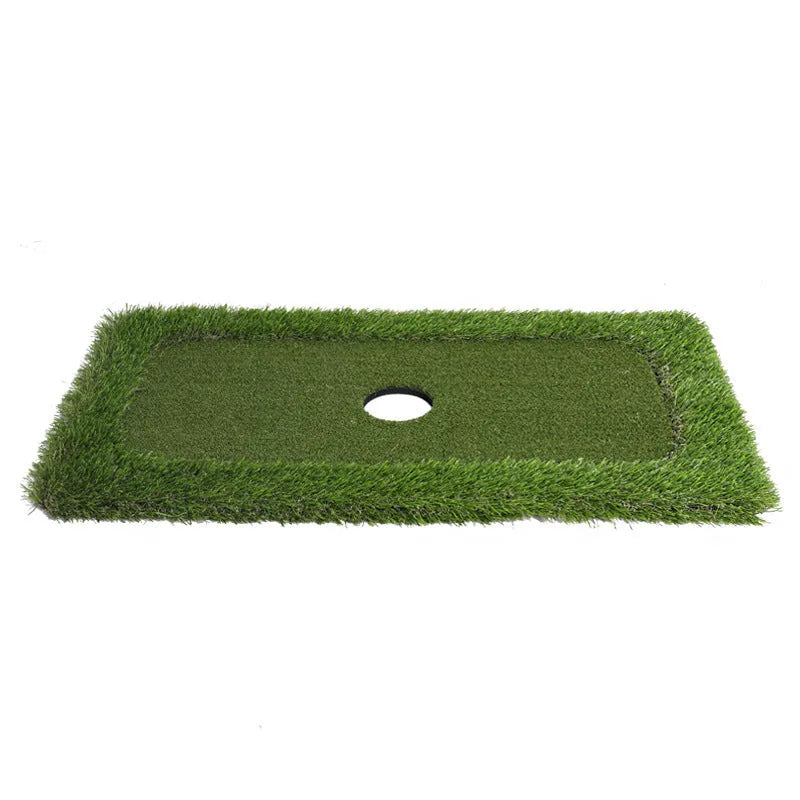 Green golf training mat with PP grass surface on a high elastic EVA base, shown in a customisable size.