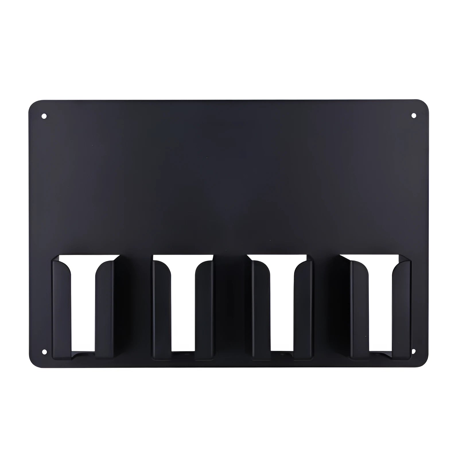 Black plastic wall-mounted storage rack holding four hair clippers